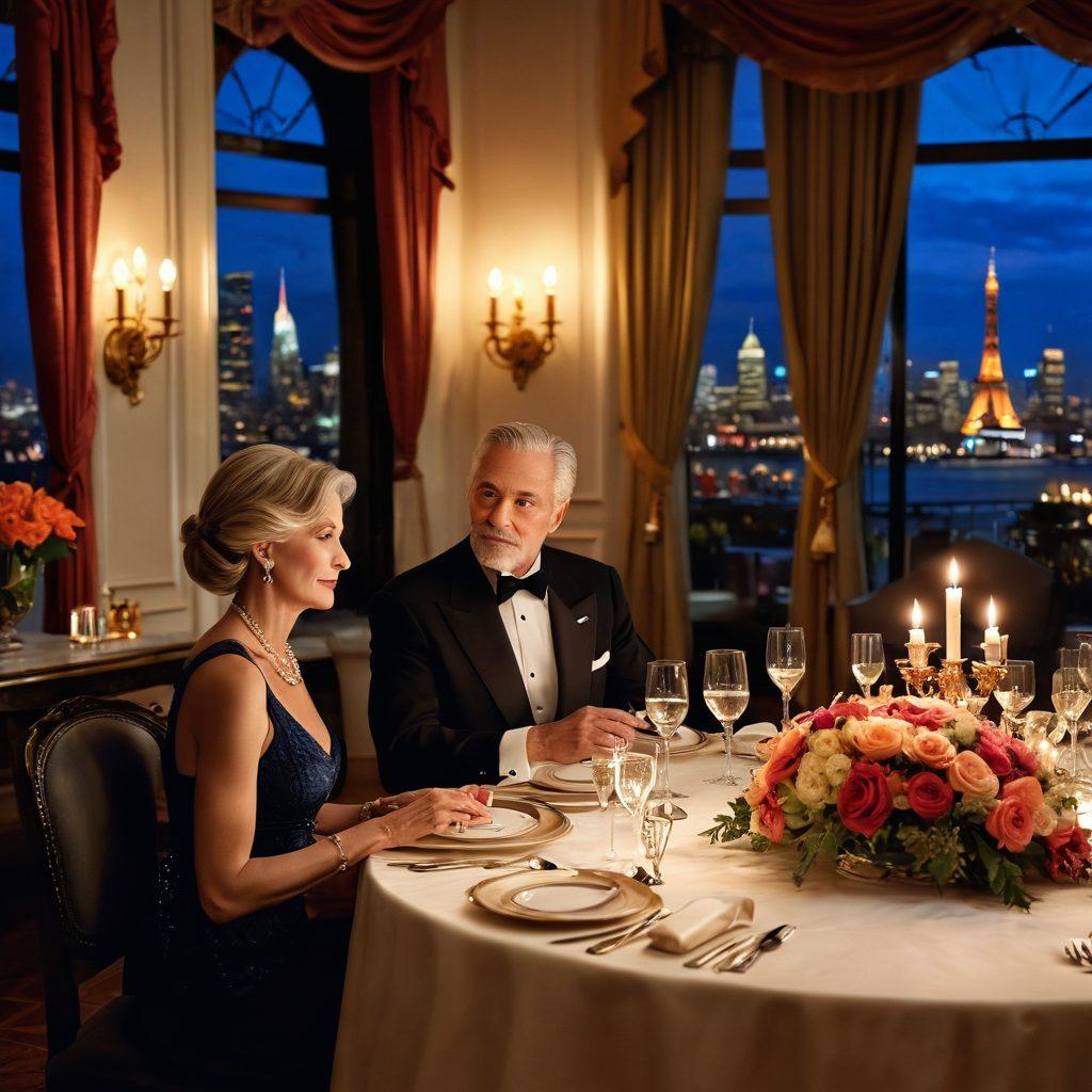 A sophisticated, elegant scene depicting a luxurious dinner setting between a glamorous older woman and a dapper older man, surrounded by opulent décor and soft candlelight. Include elements like champagne glasses, beautiful floral arrangements, and a city skyline visible through a large window, symbolizing wealth and romance. The atmosphere should convey intimacy and allure, inviting the viewer into the world of affluent relationships. vibrant colors. super-realistic.