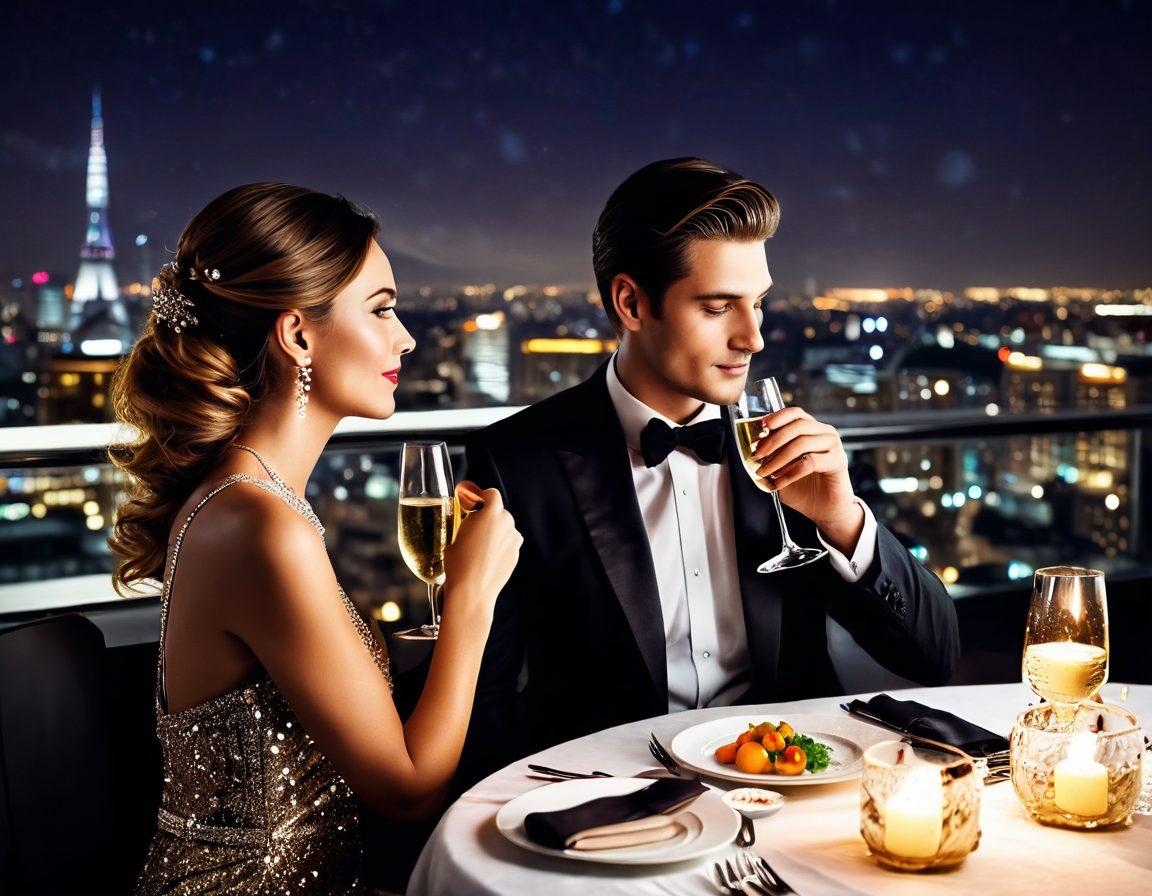 A glamorous couple enjoying a lavish dinner at a rooftop restaurant, surrounded by sparkling city lights. Elegant attire with a hint of playful extravagance, showcasing their chemistry. Include elements of luxury, like expensive champagne and designer accessories, while hinting at a twist of romance and surprise. The ambiance should feel opulent, yet inviting. super-realistic. vibrant colors. 3D.